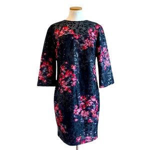 Trina Turk Grenadine Dress 3/4 Sleeve Embellished Black Floral Size 8 New